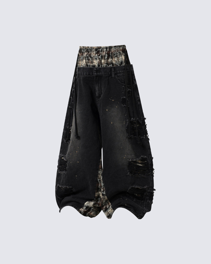 Hip-Hop Patchwork Plaid Layered Denim Pants