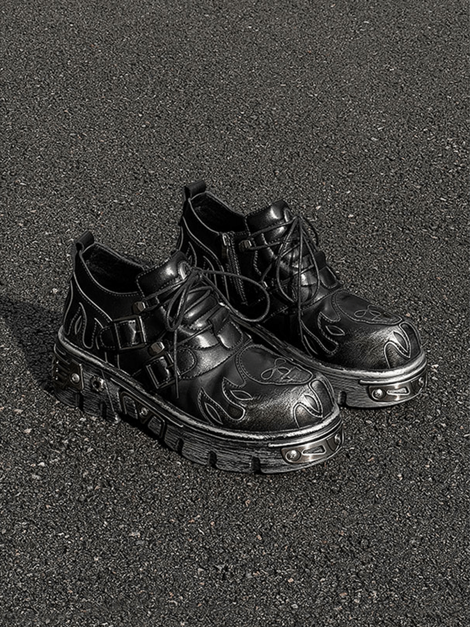 Gothic Skull Flame Buckle Platform Boots