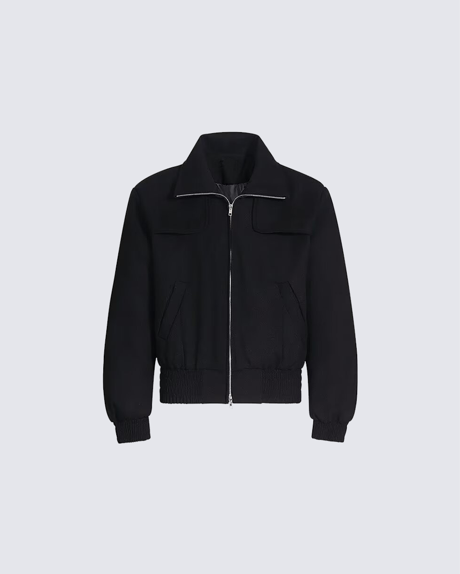 Black Wool-Blend Structured Zip-Up Jacket