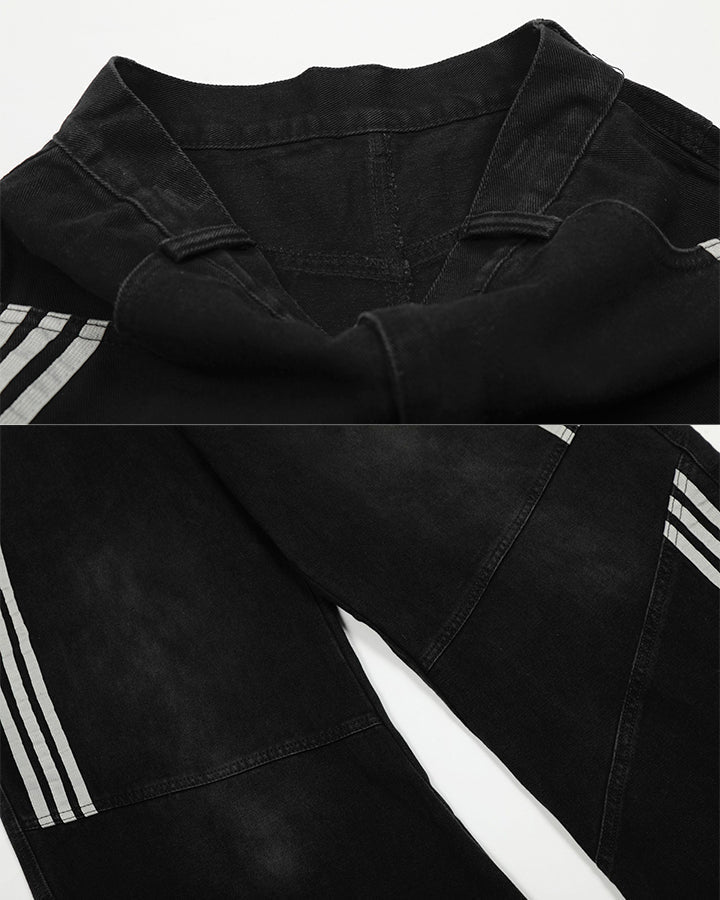 Striped Panel Wide-Leg Denim Pants