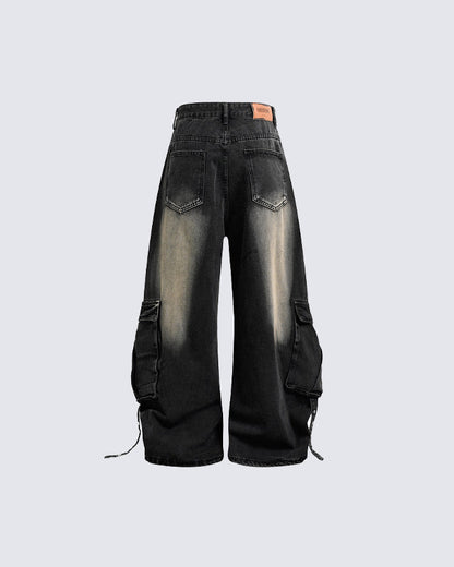 Washed Cargo Wide-Leg Denim Pants