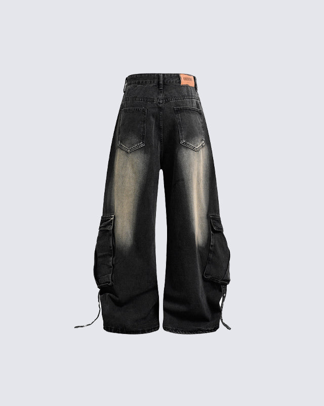 Washed Cargo Wide-Leg Denim Pants