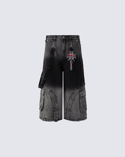 Washed Utility Wide Leg Cargo Shorts