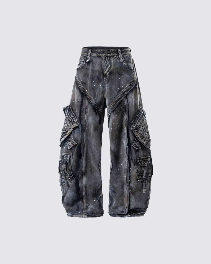Heavy Washed Ink-Splatter Deconstructed Denim Jeans