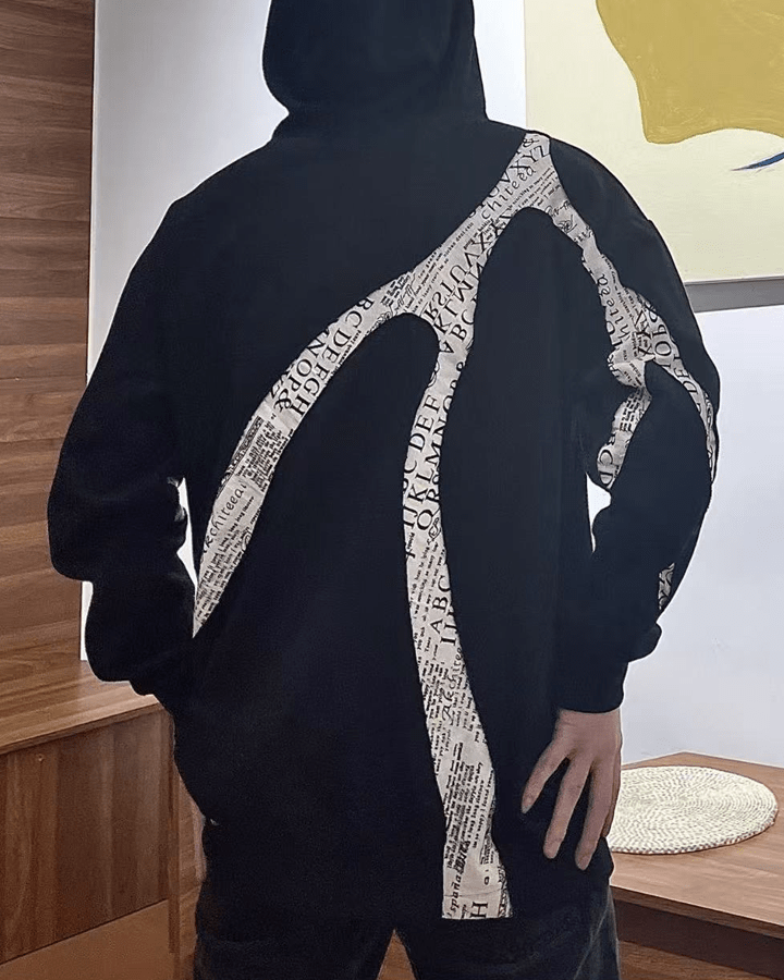 Abstract Newspaper Patchwork Zip Hoodie Cotton Blend Sweatshirt
