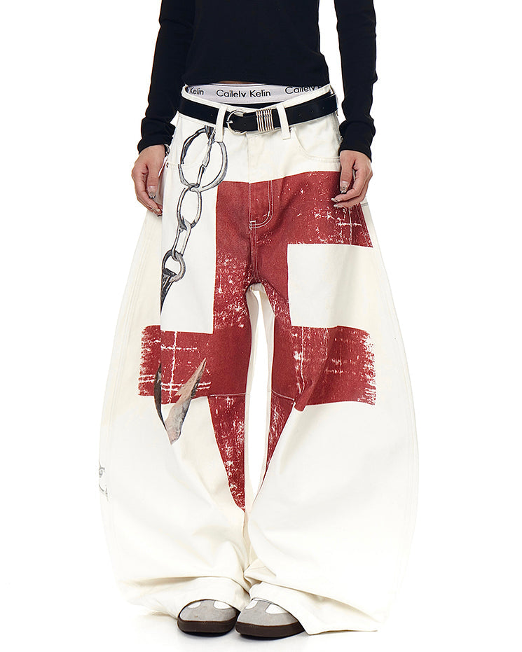 Retro Graphic Baggy Jeans with Scimitar Print