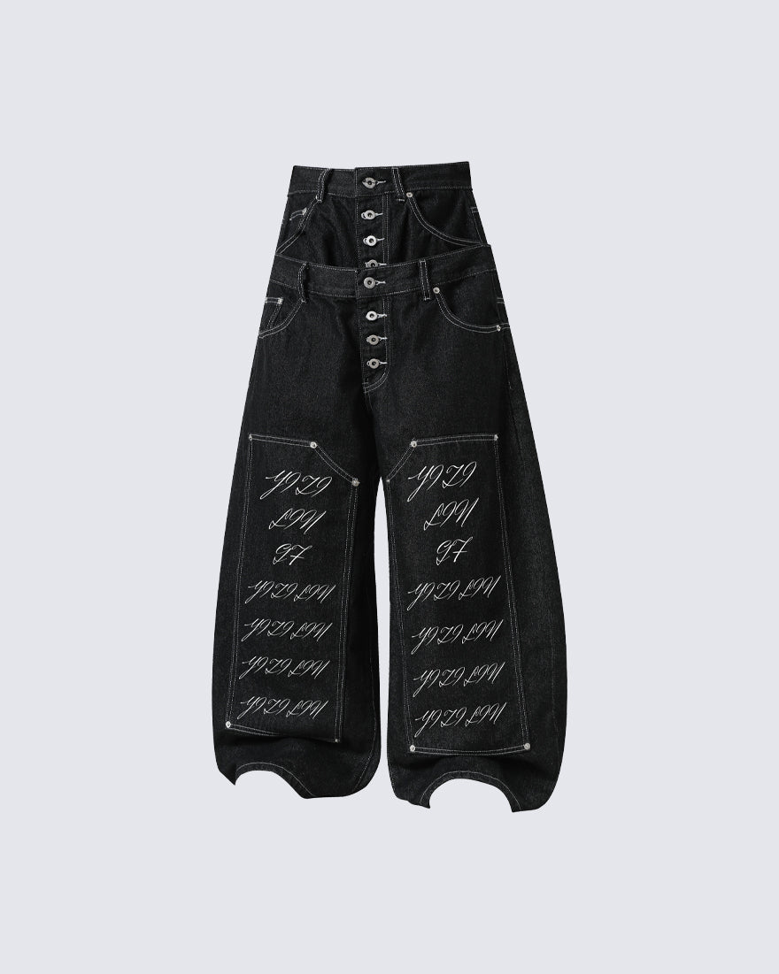 Double Waist Script Denim Pants