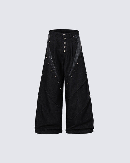 Retro Studded Button-Front Denim Pants
