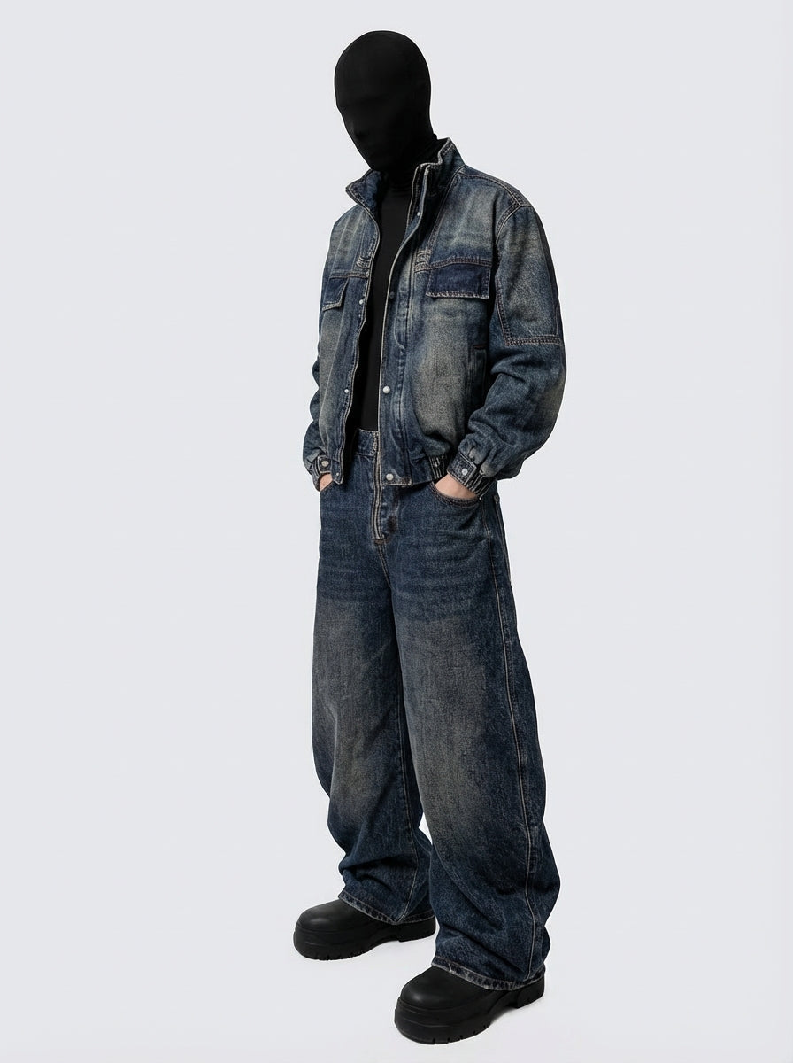 Vintage Washed Denim Zip-Up Jacket