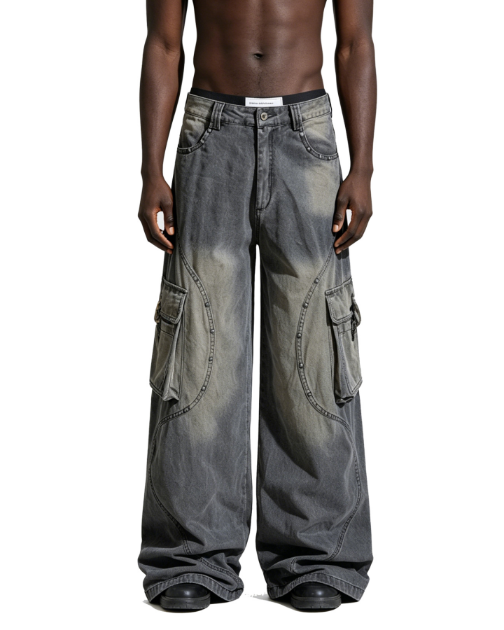 American-Style Distressed Vintage Washed Multi-Pocket Wide-Leg Jeans