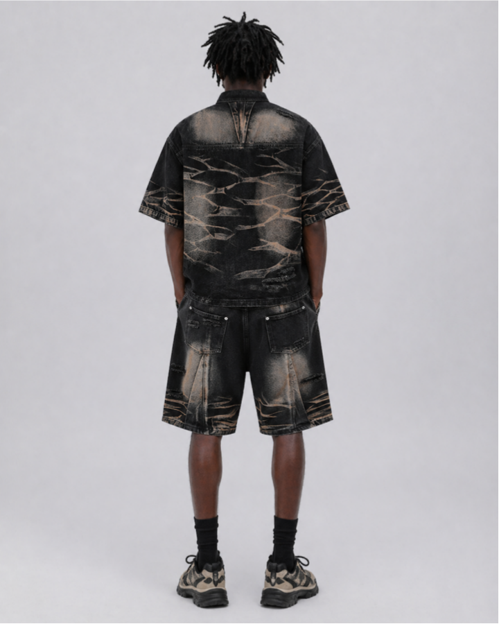 Vintage Washed Panel Stitch Denim Shorts
